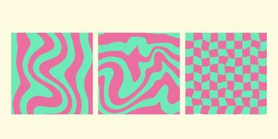 häftig Vinka mönster schack, maska. uppsättning av vektor bakgrunder i trendig retro trippy y2k stil. rosa och grön färger. hippie design.
