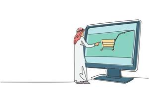 Kontinuierliche einzeilige Zeichnung junger arabischer Mann beim Einkaufen über den Bildschirm mit Einkaufswagen. E-Shop, E-Commerce, digitales Lifestyle-Konzept. Einzeilige Zeichnung Design Vektorgrafik Illustration vektor