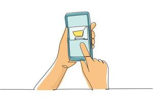 Kontinuierliche eine Linie zeichnende Hände, die Smartphone mit Einkaufswagenbild und Touchscreen halten. Konzept für digitalen Lifestyle, Internet und Gadgets. Einzeilige Zeichnung Design Vektorgrafik Illustration vektor
