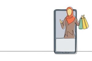kontinuierliche eine linie, die junge arabische frau aus dem smartphone-bildschirm kommt und einkaufstaschen hält. Verkauf, digitaler Lebensstil und Konsumkonzept. Einzeilige Zeichnung Design Vektorgrafik Illustration vektor