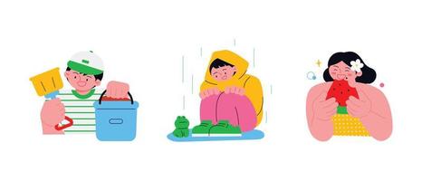 människor njuter sommar. en skyffel och korg för spelar i de sand, en pojke bär en regnkappa under de regnig säsong och tittar på en groda, och en Söt flicka äter vattenmelon. vektor