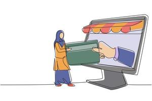 enda kontinuerlig linje ritning arabisk kvinna sätta in kreditkort i stor baldakin bildskärm och accepteras för hand. digitalt betalningskoncept. dynamisk en rad rita grafisk design vektorillustration vektor