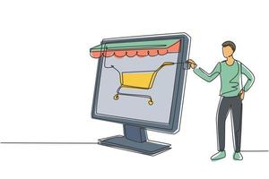 Single One-Line-Zeichnung junger Mann, der Kreditkarte in den Baldachin-Monitor mit Warenkorb einfügt. E-Shop, digitales Zahlungskonzept. moderne durchgehende Linie zeichnen Design-Grafik-Vektor-Illustration vektor