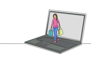 enda en rad ritning ung kvinna som kommer ut ur laptop skärm håller shoppingkassar. försäljning, digital livsstil och konsumtionskoncept. modern kontinuerlig linje rita design grafisk vektorillustration vektor