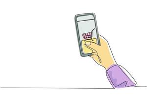 Einzelne eine Linie zeichnende Hände, die Smartphone mit Einkaufswagenbild und Touchscreen halten. Konzept für digitalen Lifestyle, Internet und Gadgets. durchgehende Linie zeichnen Design-Grafik-Vektor-Illustration vektor