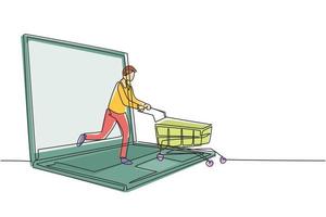 Single One-Line-Zeichnung junger Mann aus Laptop-Bildschirm einen Einkaufswagen schieben. Verkauf, digitaler Lebensstil, Konsumkonzept. moderne durchgehende Linie zeichnen Design-Grafik-Vektor-Illustration vektor
