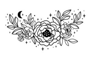 Linie Kunst Blumen- Blumensträuße Vektor. schwarz Gliederung himmlisch Blume mit Sterne, Mond dekorativ Grafik Element isoliert auf Weiß. Hand gezeichnet Wildblume Illustration. Sommer- Garten Rosen, Blätter vektor