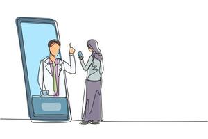 enda en rad ritning hijab kvinnlig patient som håller smartphone står inför jätte smartphone och konsulterar manlig läkare. läkare online. kontinuerlig linje rita design grafisk vektorillustration vektor