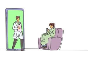 einzelne durchgehende Strichzeichnung weibliche Patientin sitzt zusammengerollt auf dem Sofa, benutzt eine Decke, hält eine Tasse und es gibt einen männlichen Arzt, der aus dem Smartphone geht und die Zwischenablage hält. dynamische Grafik zum Zeichnen einer Linie vektor