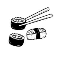 sushi med ätpinnar vektor illustration med klotter teckning stil isolerat på vit bakgrund
