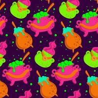 Vektor Halloween Muster mit ein Kessel auf violett Hintergrund. Urlaub Dekoration. Urlaub Hintergrund zum Verpackung Papier, Stoff, Textil, Sammelalbum. Vektor Karikatur nahtlos Muster