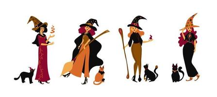 süß Hexe Satz. Karikatur Mädchen im Magier Fee Kostüme. Halloween Figuren. Hexen mit Katzen. Vektor Illustration. eben Stil