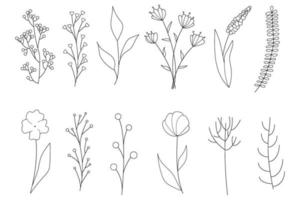 samling av minimalistiska enkla blommiga element. grafisk skiss. fashionabla tatuering design. blommor, gräs och löv. botaniska naturliga element. vektor illustration. disposition, linje, doodle stil.