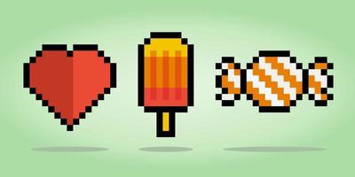 8 bisschen Pixel von Eis Sahne und Süßigkeiten mit Liebe Symbol. Essen zum Spiel Vermögenswerte und Kreuz Stich Muster im Vektor Illustrationen.