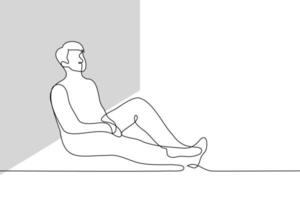Mann sitzt auf das Fußboden gelehnt gegen das Mauer mit seine zurück seine Bein ist gebogen beim das Knie - - einer Linie Zeichnung Vektor. das Konzept von Ermüdung, lehnen gegen das Wand, sich ausruhen vektor