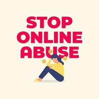 sluta missbrukstext online med ledsen kvinna som sitter ensam. mobbning på sociala medier, cybermobbning. vektor