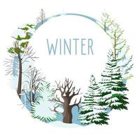 säsongsbetonade kort med vinter snöiga träd vektor