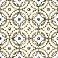 nahtlos geometrisch Kette Muster mit Ball Perlen, Randstein Verknüpfung Ketten, kompliziert überlappend Kreise auf Weiß Hintergrund. Silber und Gold Ketten. vektor
