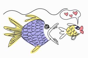 rolig illustration av konturteckningar. fisken drömde om kärlek, men faran lurar, en annan fisk vill äta den. vektor