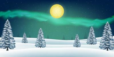 natt vinter snö skog kulle med norrsken i himlen vektor