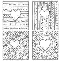 uppsättning av kort med hjärtan och linjär mönster, färg sidor i de form av hälsning kort vektor