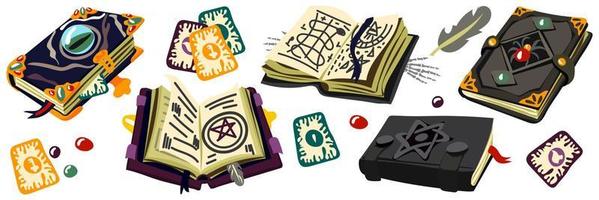 ein einstellen von Bücher mit Magie Zauber, Tarot Karten und kostbar Steine. Fantastisch Zauberbücher auf Alchimie, uralt Bände von Fee Erzählungen oder Spiele mit esoterisch Rezepte und mystisch Reize. Karikatur Vektor