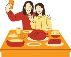 Mutter und Tochter Essen Essen beim heim. Vektor Illustration im eben Stil.