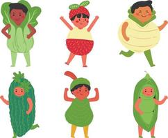 süß wenig Mädchen und Junge im Pyjama mit Grün Gemüse Symbol Satz, Vektor Illustration