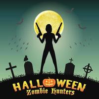 halloween zombiejägare med pistol på kyrkogården vektor