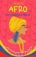 afro-colombianska dag i colombia i spanska. vertikal baner i ljus färger. skön kvinna i nationell karneval kostym. vektor