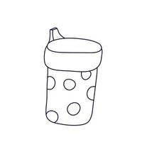 sippy kopp dekorerad med polka prickar i klotter stil. dricka kopp för småbarn. isolerat översikt. hand dragen vektor illustration i svart bläck på vit bakgrund. bebis vård och matning tema.