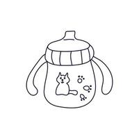 sippy Tasse mit Griffe dekoriert mit ein Katze im Gekritzel Stil. Trinken Tasse zum Kleinkinder. isoliert Umriss. Hand gezeichnet Vektor Illustration im schwarz Tinte auf Weiß. Baby Pflege und Fütterung Thema.