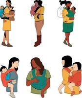 uppsättning av annorlunda mödrar och barn i annorlunda poserar. vektor illustration.