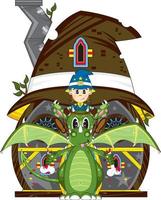 söt tecknad serie magisk trollkarl och våldsam grön drake illustration vektor