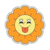 hippie häftig kamomill smiley karaktär Bra vibrafon. retro daisy blomma huvud glad maskot visar tunga. positiv nostalgisk årgång tecknad serie stil växt. trendig y2y pop- kultur blommig vektor eps design