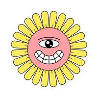 hippie häftig kamomill smiley karaktär Bra vibrafon. skraj retro daisy maskot. blomma huvud med stor leende på galen ansikte. psychedelic positiv årgång tecknad serie stil växt. trendig y2y pop- kultur blommig vektor