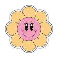 süß Hippie groovig Kamille Smiley Charakter gut Schwingungen. retro Gänseblümchen Blume Kopf froh Maskottchen. positiv nostalgisch Jahrgang Karikatur Stil glücklich Pflanze. modisch j2j Pop Kultur Blumen- Vektor eps Design