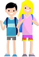 Paar von jung hoch Schule Studenten im Sommer- Kleider auf Urlaub. ein Kerl und ein Mädchen mit ein Rucksack. vektor