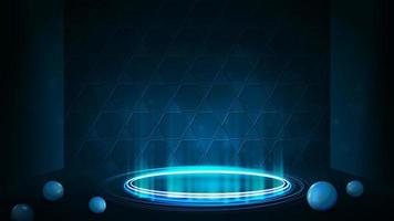 leeres blaues Neonpodest für Produktpräsentation mit Wabe auf Hintergrund. blaues digitales Hologramm-Podium in zylindrischer Form mit glänzenden Ringen im dunklen Raum und Kugeln auf dem Boden vektor