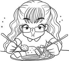 Frau Essen Reis Karikatur Gekritzel kawaii Anime Färbung Seite süß Illustration Zeichnung Clip Kunst Charakter Chibi Manga Comic vektor