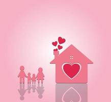 glückliche Familie zu Hause. Mama und Papa stehen Hand in Hand mit Jungen und Mädchen. Herz im Haus auf rosa Hintergrund vektor