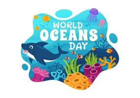 värld oceaner dag illustration till hjälp skydda och bevara hav, fisk, ekosystem eller hav växter i platt tecknad serie hand dragen för landning sida mallar vektor