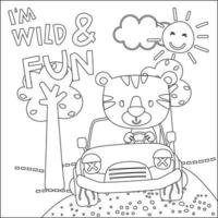vektor illustration av rolig djur- körning de vit bil. barnslig design för barn aktivitet färg bok eller sida.
