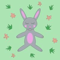 süß komisch Hase Lügen Schlafen im das Gras im Natur, Vektor Bild, Kinder- Illustration, Pastell- Blumen