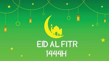 eid al fitr hälsning 1444h, måne och moské, grön bakcground vektor