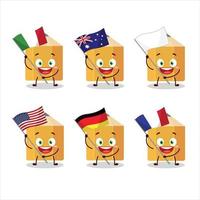 Bleistift Karikatur Charakter bringen das Flaggen von verschiedene Länder vektor