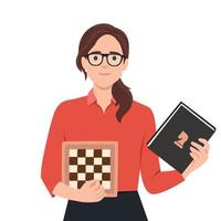 jung Frau halten Schach Tafel und ein Buch Über Schach. Lernen Über Schach zum Wettbewerb vektor