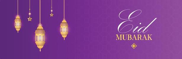 eid Mubarak Banner und Poster Vorlage mit lila Hintergrund und golden beleuchtet Laternen islamisch Ornament vektor