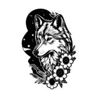 Wolf mit Blumen, Wolf Kopf, Wolf Blume tätowieren vektor