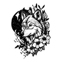 Wolf mit Blumen, Wolf Kopf, Wolf Blume tätowieren vektor